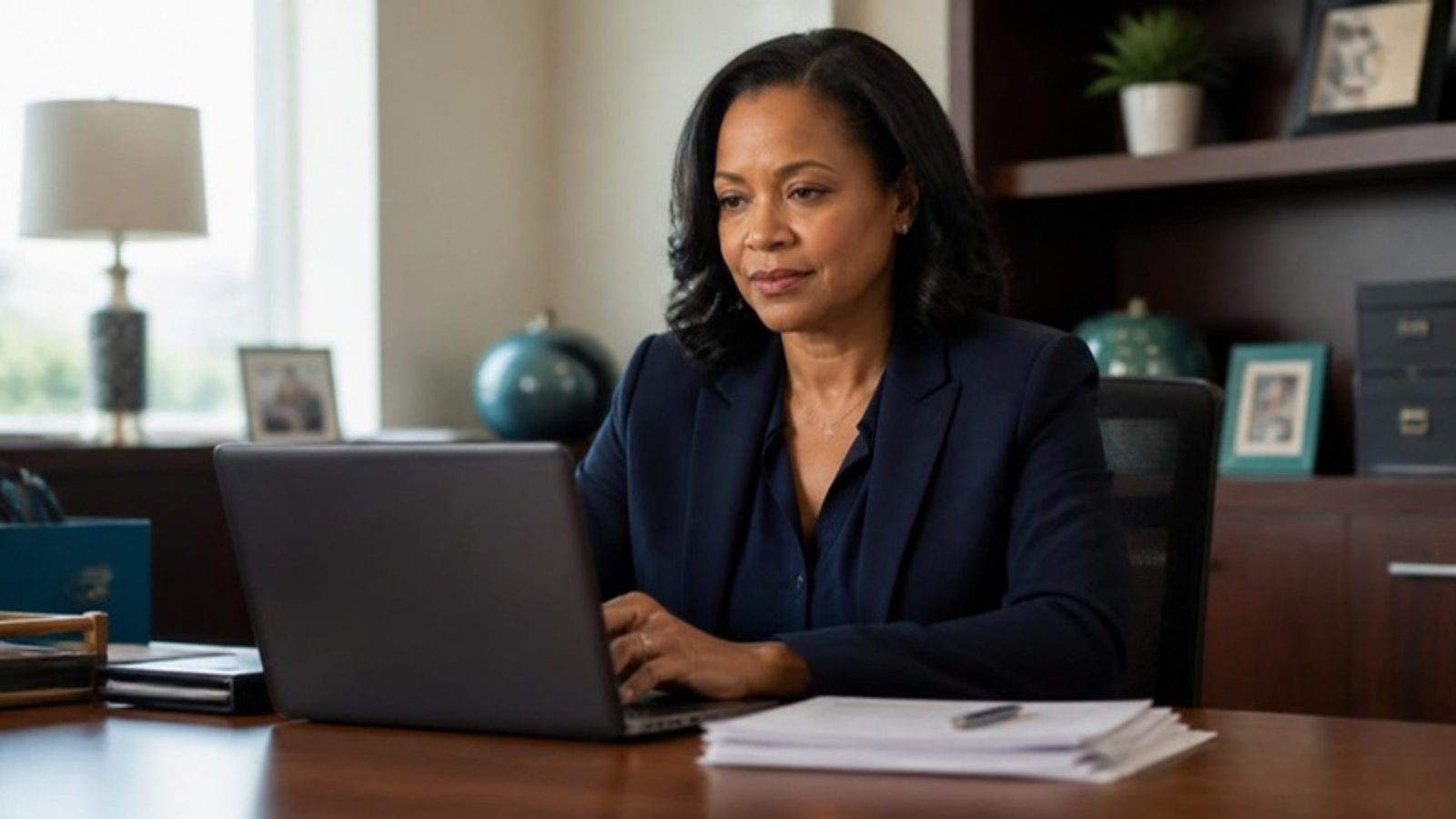 A funeral director reviewing a case on a laptop in a calm office