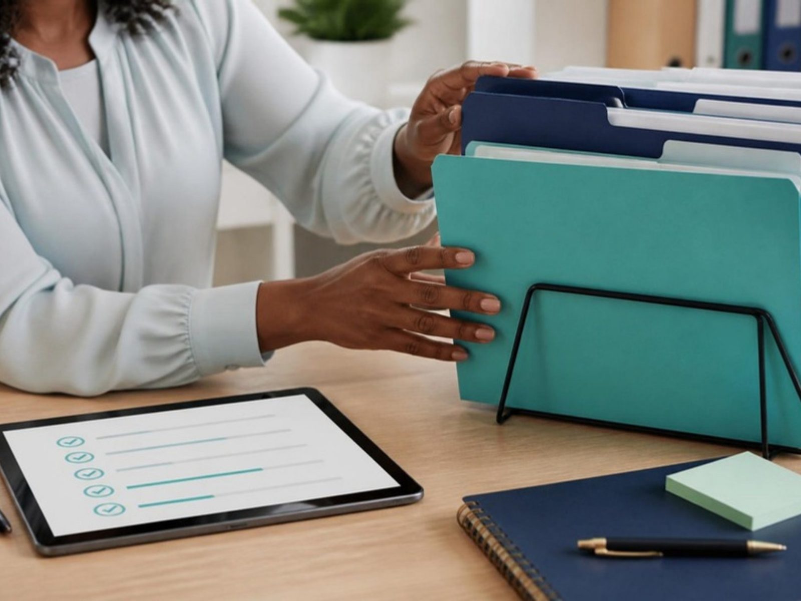 An administrator organizing document folders beside a tablet checklist