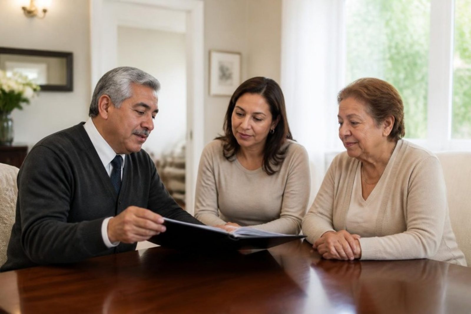 A funeral director explaining documents to a family at a bright table